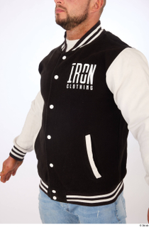 Duncan black white varsity jacket casual dressed upper body 0002.jpg